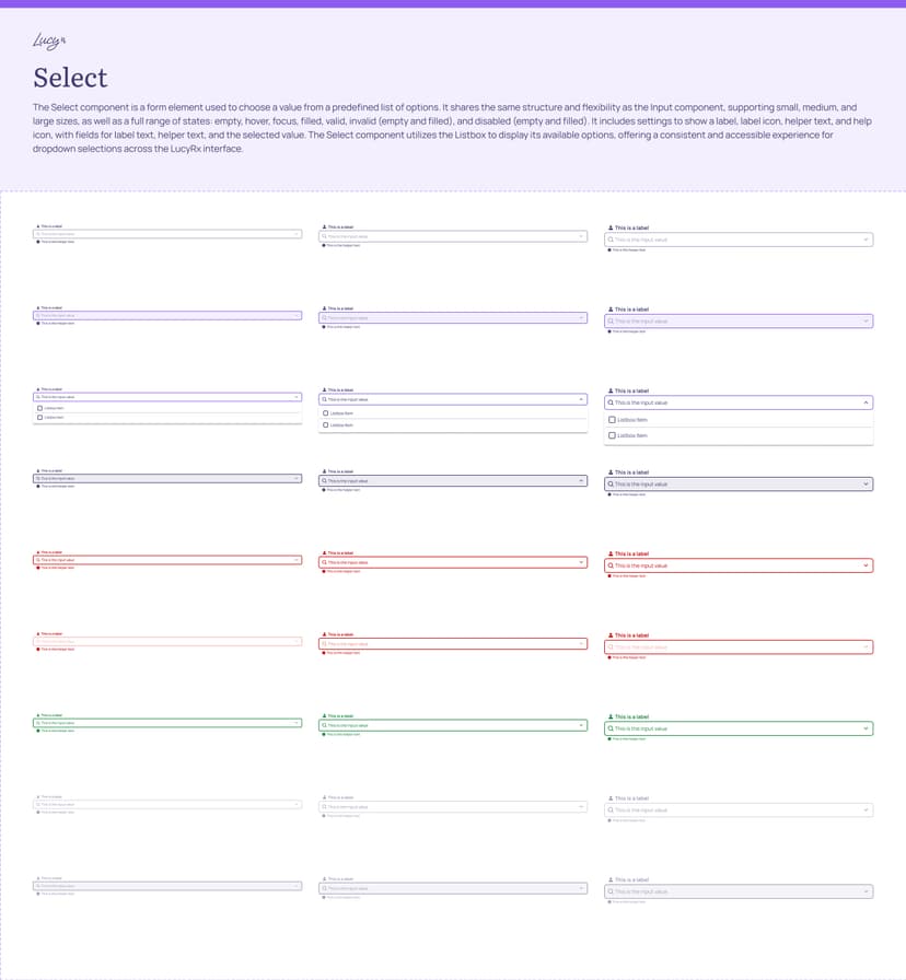 Select dropdown component variations and states