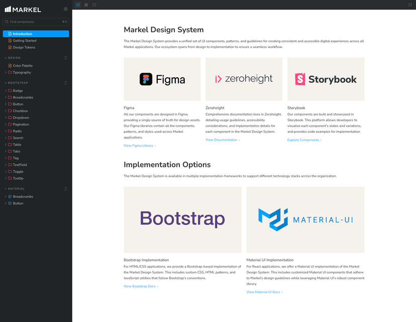 Screenshot of Markel Design System Storybook instance