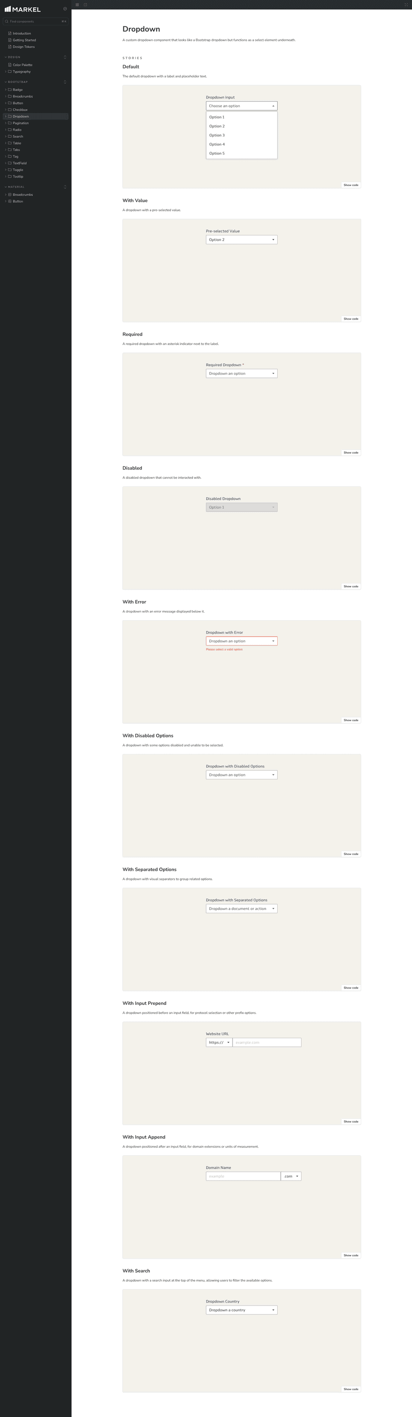 Screenshot of Markel Design System Storybook instance