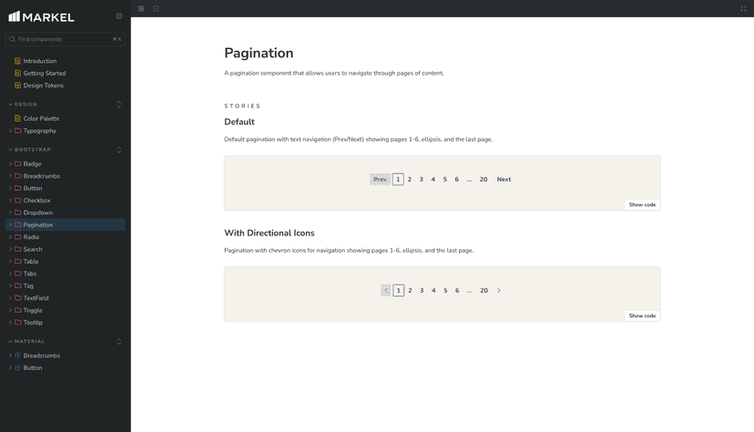 Screenshot of Markel Design System Storybook instance