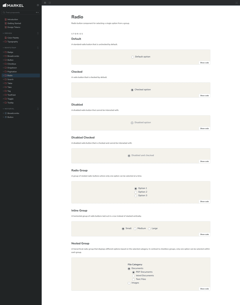 Screenshot of Markel Design System Storybook instance