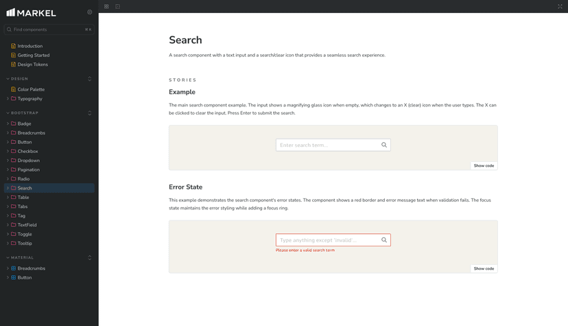 Screenshot of Markel Design System Storybook instance