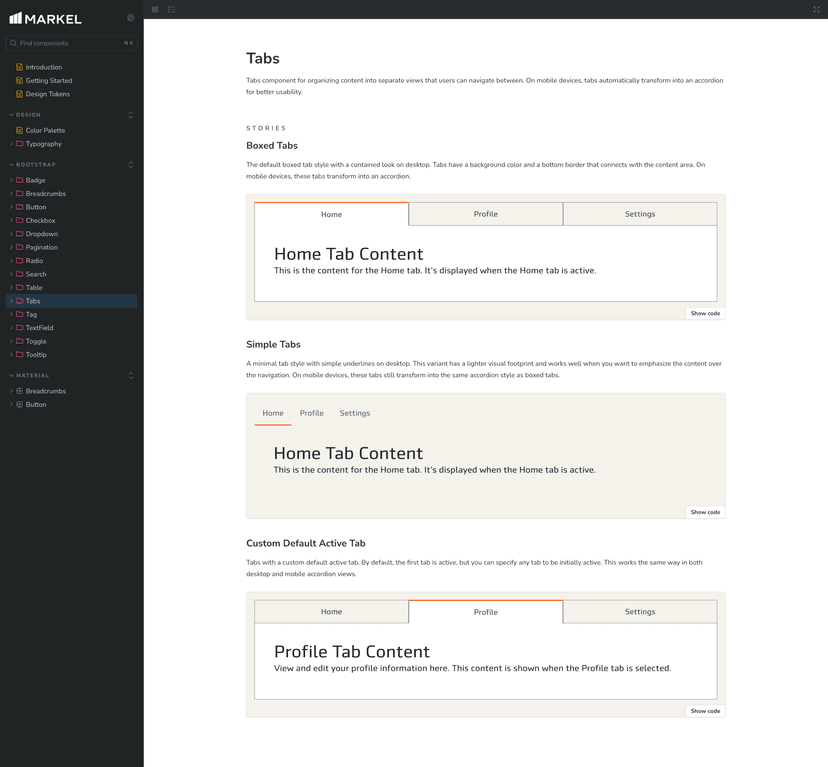 Screenshot of Markel Design System Storybook instance