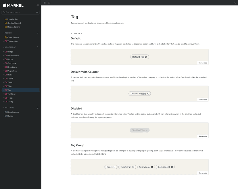 Screenshot of Markel Design System Storybook instance