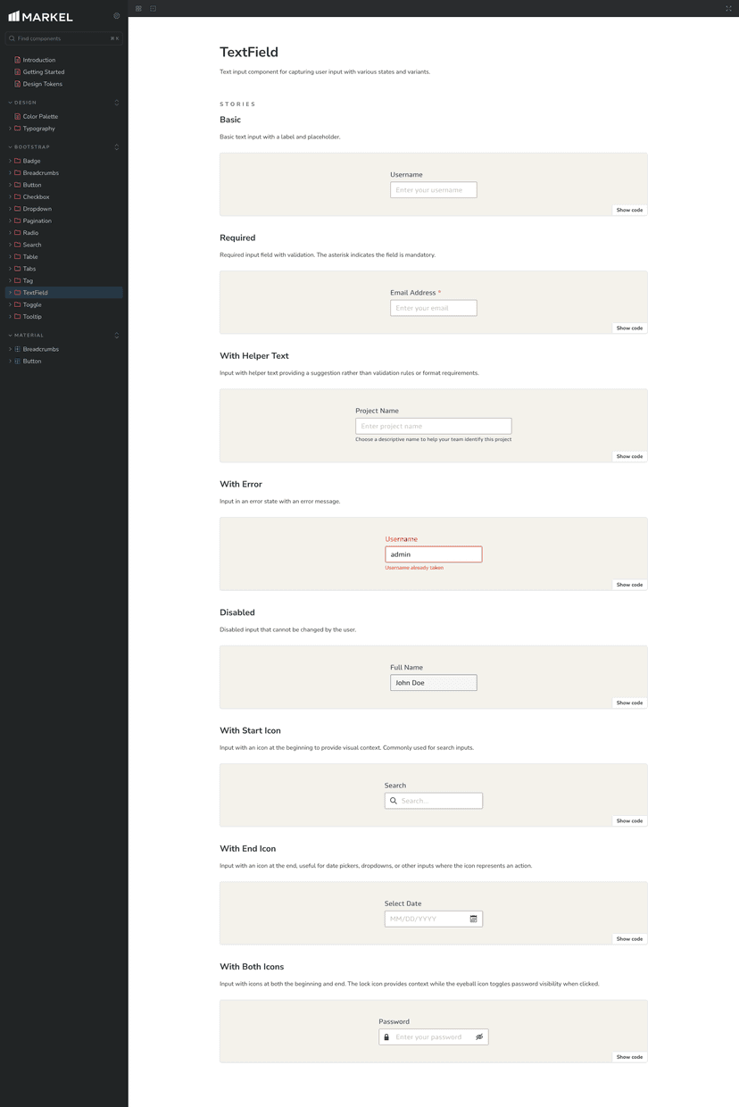 Screenshot of Markel Design System Storybook instance