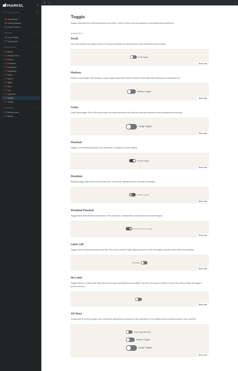 Screenshot of Markel Design System Storybook instance