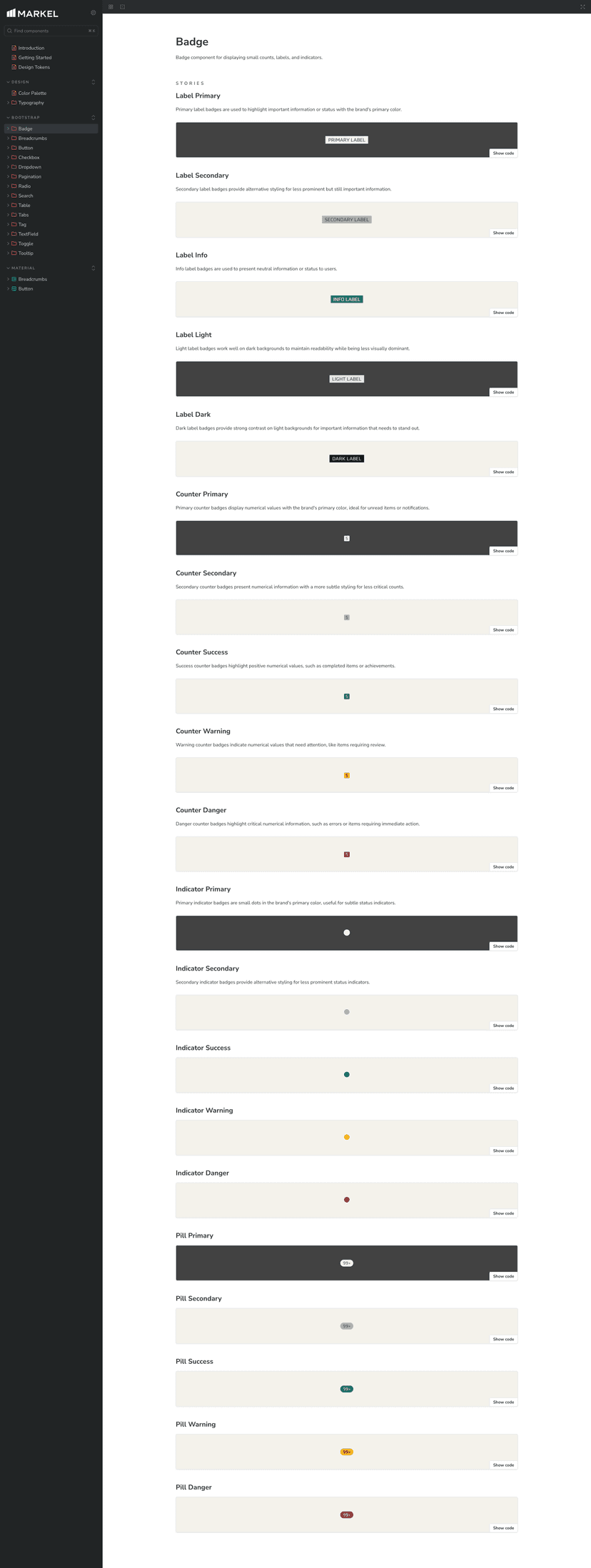 Screenshot of Markel Design System Storybook instance