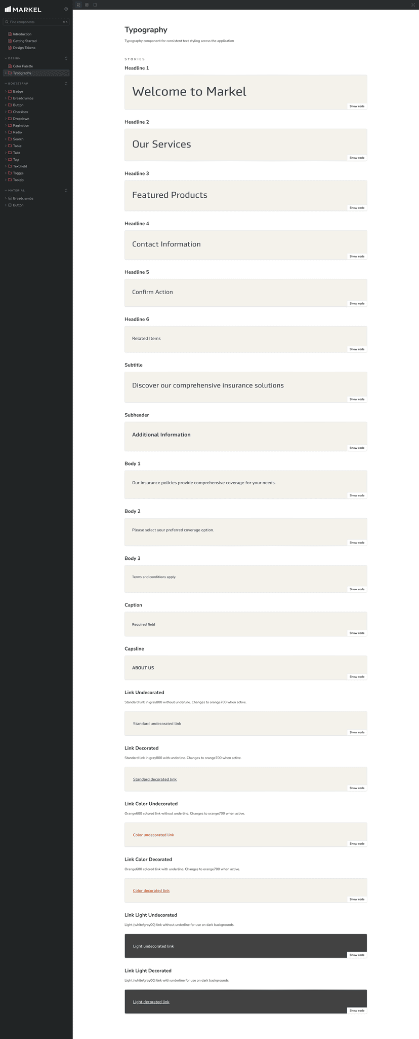 Screenshot of Markel Design System Storybook instance