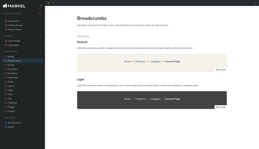 Screenshot of Markel Design System Storybook instance
