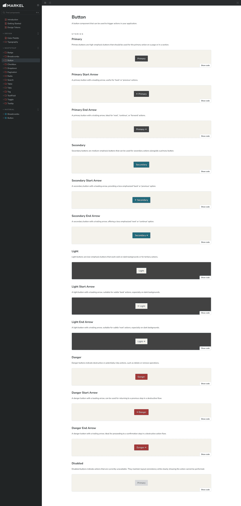 Screenshot of Markel Design System Storybook instance